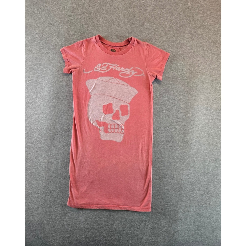 Ed Hardy T-Shirt Dress Womens XS Coral Pink Skull Sailor Graphic Y2K Mini